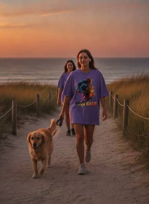 Person wearing a violet panther t-shirt walking on a coastal path near the ocean at sunset.
