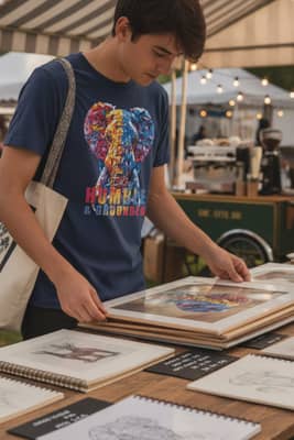A person in a Navy elephant graphic tee browsing an outdoor art market stall under a canopy with framed wildlife prints on a wooden table.