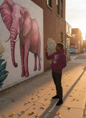 A person in a Maroon elephant hoodie photographing a large pink-toned elephant mural during golden hour on a city sidewalk.