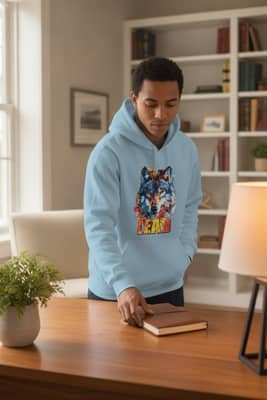A person in a light blue wolf-graphic hoodie sets a notebook on a wooden desk in a plant-filled counseling office.