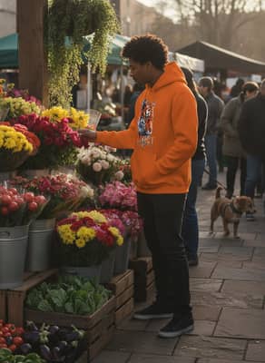 A person wears an orange tiger-graphic 'Protect Your Peace' hoodie while browsing flowers at an outdoor farmers market.