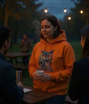 Person in an orange owl print hoodie holding a warm mug at an outdoor evening mindfulness meetup lit by string lights.