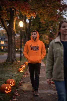 Person walking outside at night past jack-o'-lanterns wearing an orange hoodie.