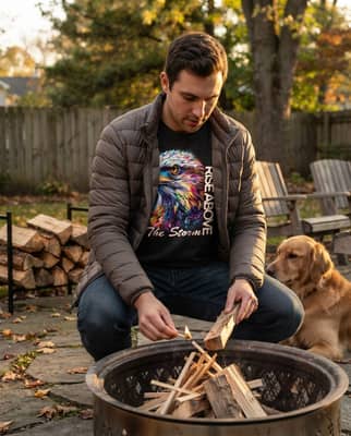 Person lighting a backyard fire pit wearing a black t-shirt layered under an unzipped puffer jacket.
