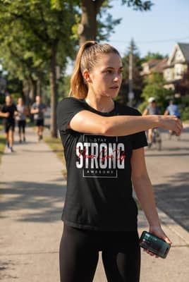 A woman stretching on a sunny sidewalk after a workout, wearing a Stay Strong tee with the message visible.