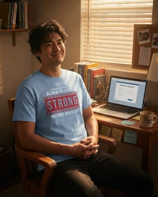 A woman in a study nook leaning back from her laptop, Stay Strong tee readable in soft afternoon light.