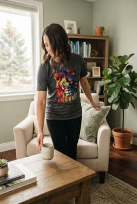 A person in a dark heather lion tee sets a ceramic mug on a low table in a therapist's office between sessions.