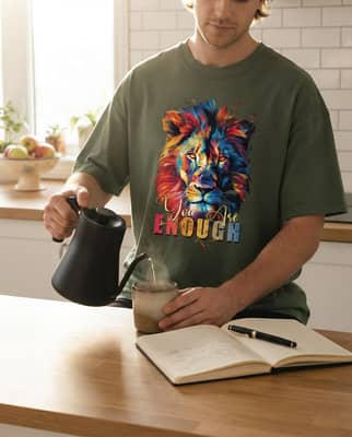 A person in a moss green lion tee pours tea at a kitchen counter beside an open journal in soft morning light.