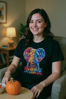 A person in a black graphic tee sits in an armchair in a cozy therapist's office beside a ceramic pumpkin and a bowl of candy.