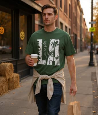 A person wearing a graphic tee walks past a café with Halloween decals, holding a coffee cup on a sunny fall morning.