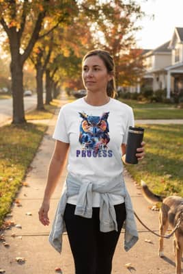 A person in a white owl t-shirt walks a dog down a tree-lined sidewalk during golden hour.