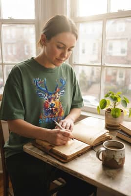 Person in a moss Comfort Colors Kindness Is Strength deer t-shirt journaling by a bright apartment window with a plant and mug on the desk.