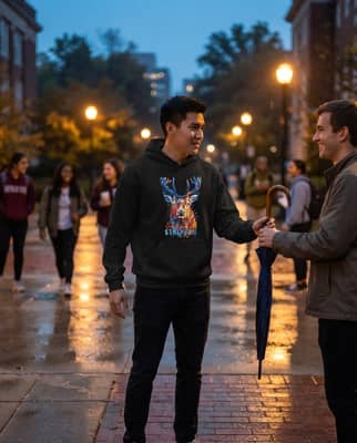 Person in a black Kindness Is Strength deer hoodie at an outdoor campus meetup, handing an umbrella to a friend as rain begins.