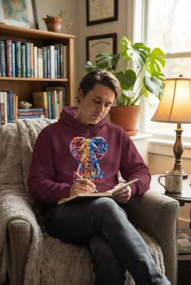 A person wears a maroon elephant-print hoodie while journaling at a desk in a cozy counseling office.