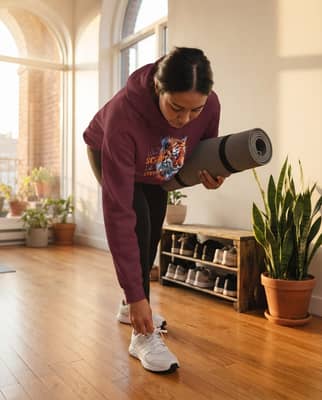 A person in a maroon tiger-print hoodie ties their sneakers at a yoga studio entrance, mat under one arm.