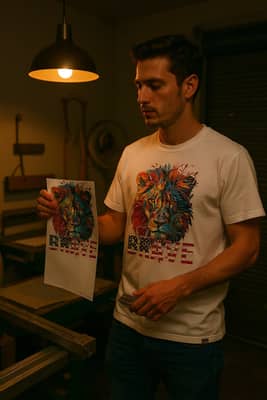 A person in a white lion-print tee holds up a freshly cured test print under a warm pendant light inside a screen-print studio.