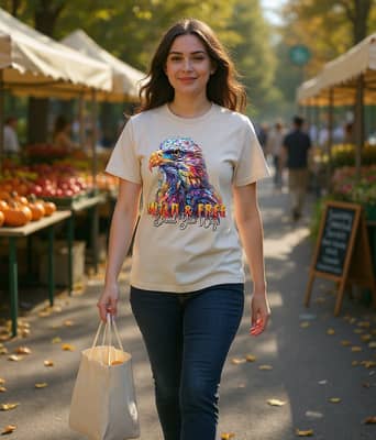 A person in a sand-colored eagle-print tee carries a tote of apples and a small pumpkin while walking through a Saturday farmer's market.
