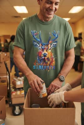 Person wearing a moss green t-shirt packing canned goods into a donation box at a community center.