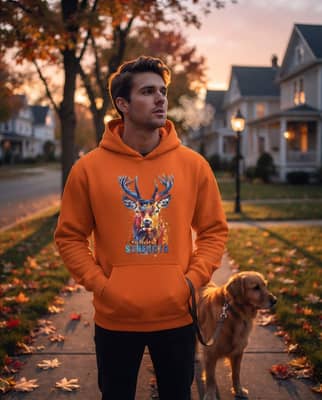 Person wearing an orange hoodie walking a dog on a sidewalk during a crisp autumn evening.