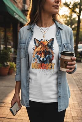White fox graphic T‑shirt under an open denim shirt on a city sidewalk at golden hour, with coffee and phone in hand.