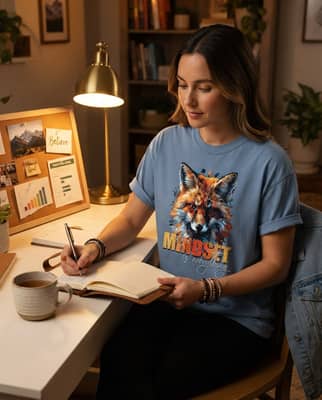Blue jean fox graphic tee at a cozy home desk during journaling, sleeves rolled, bracelets stacked, denim jacket on chair back.