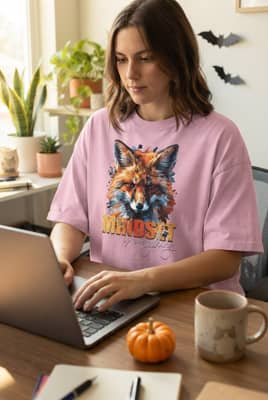 Person in a blossom-pink mindset is everything fox t-shirt sits at a desk with a laptop and a small pumpkin nearby.