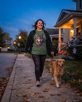 Person in a moss-colored never give up wolf t-shirt walks a leashed dog past modest Halloween yard decorations at dusk.