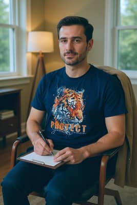 A person wearing a navy tiger t-shirt sits in a warmly lit counseling office, writing on a clipboard with a blazer draped on the chair.