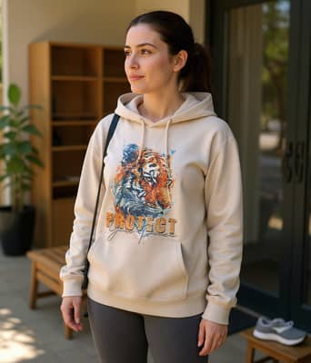 A person in a blossom-colored tiger t-shirt ties back their hair near a sunlit yoga studio entrance, a mat tucked under one arm.