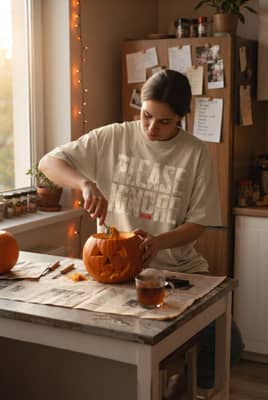 A person in a graphic t-shirt scoops seeds from a pumpkin at a kitchen island lit by late afternoon window light.