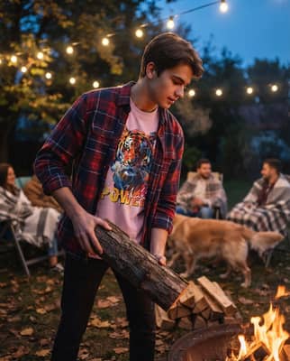 A person wearing a pink tiger t-shirt under an open flannel lifts a log at a backyard fire pit on a chilly evening.