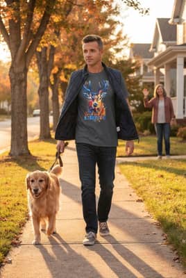 Person in a Dark Heather deer kindness t-shirt walks a dog at golden hour with an unzipped vest and a neighbor waving on a tree-lined sidewalk.