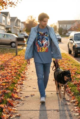 A man in a blue jean colored wolf tee walks a leashed dog along a leaf-covered sidewalk at golden hour.