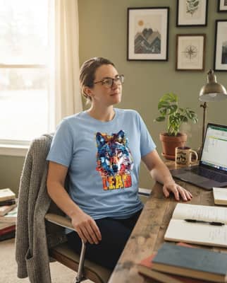 A man in a light blue wolf tee sits at a wood desk in a home office with a cardigan draped on the chair and morning light through a window.