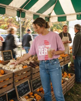Young woman at a farmer’s market pumpkin stand in daylight wearing the “Start From Zero” tee over jeans, design visible as she reaches.