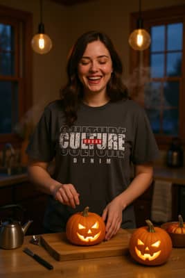 A person laughs while scooping pumpkin seeds at a kitchen island wearing a graphic tee under warm pendant lights.