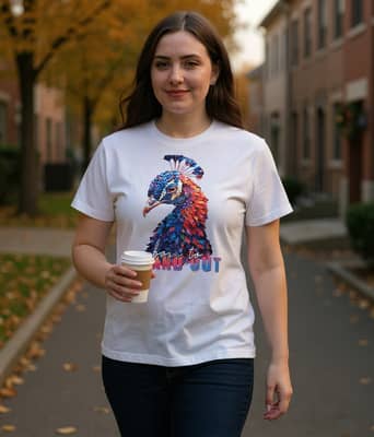 A person walks a quiet sidewalk in a white tee with a coffee cup on a cool, bright November morning.