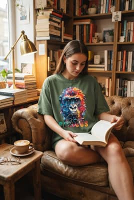 Young woman wearing a moss green t-shirt with a gorilla graphic sitting sideways in a leather chair reading a book.