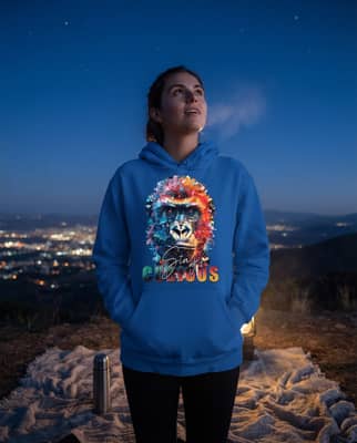 Young woman in a royal blue hoodie with a gorilla graphic standing outdoors at night looking up at the sky.