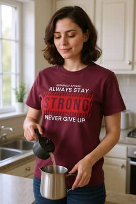 A person in a quote tee pours coffee from a pot in a bright home kitchen, with the printed text clear in the window light.