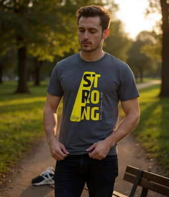A person in a quote tee ties a shoe on a wooden park bench at golden hour, with no jacket or bag strap over the print.