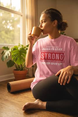 A person wearing the quote tee sits on a sunny living room floor with tea, a yoga mat, and a houseplant.