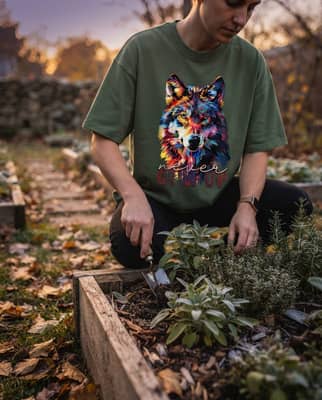A person in a moss green quote T-shirt kneels by a garden bed with a hand trowel at autumn dusk.