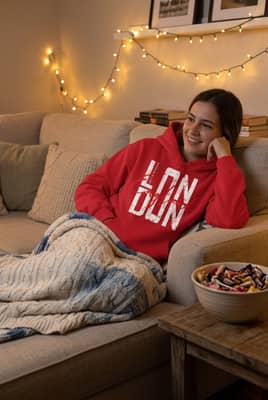 A young woman sits curled up on a couch with a blanket and a bowl of candy, wearing a red motivational hoodie under soft string lights.