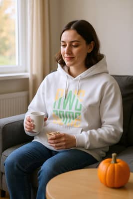 A person in a white hoodie sits on a sunlit sofa by a window holding a mug and a small wrapped gift, with a pumpkin on the side table.