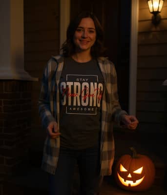 A smiling person in a t-shirt under an open flannel hands out candy on a porch at dusk beside a glowing carved pumpkin.