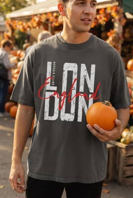 Person in a printed tee holds a small pumpkin while browsing a neighborhood pumpkin stand in warm midday sunlight.
