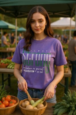 A person in a graphic tee picks up fresh produce at a weekend farmers market stall, the print fully visible.