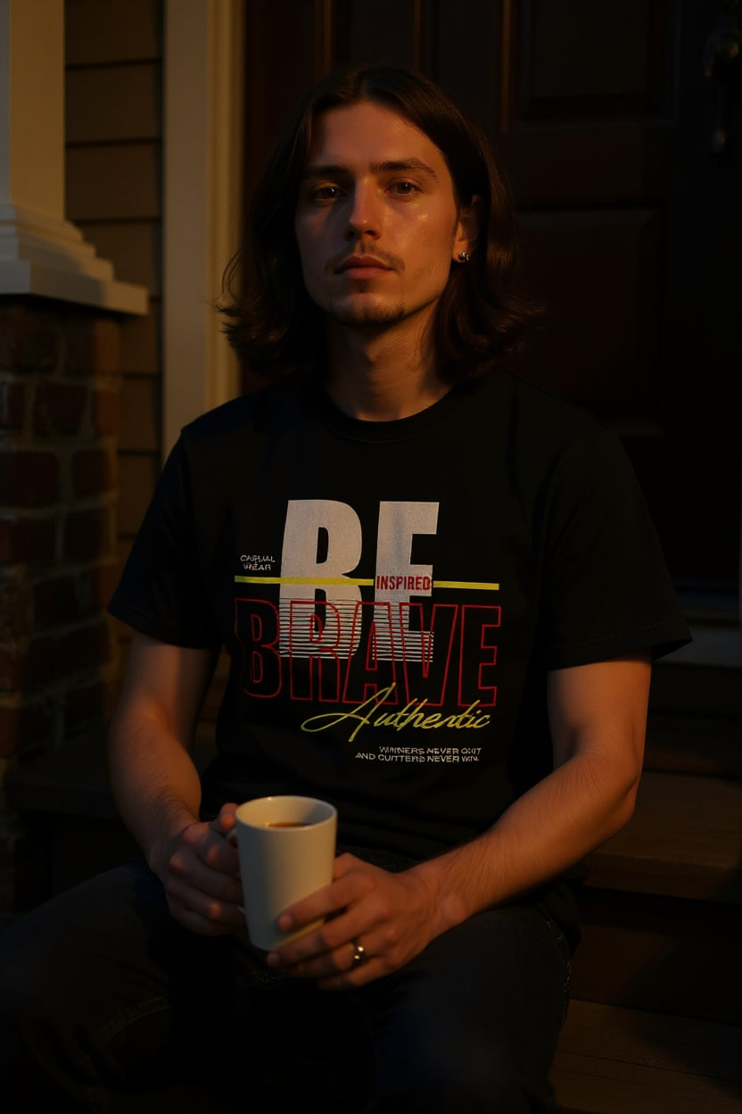 A person in a printed tee sits on a front porch step at dusk holding a mug, lit by warm low light.