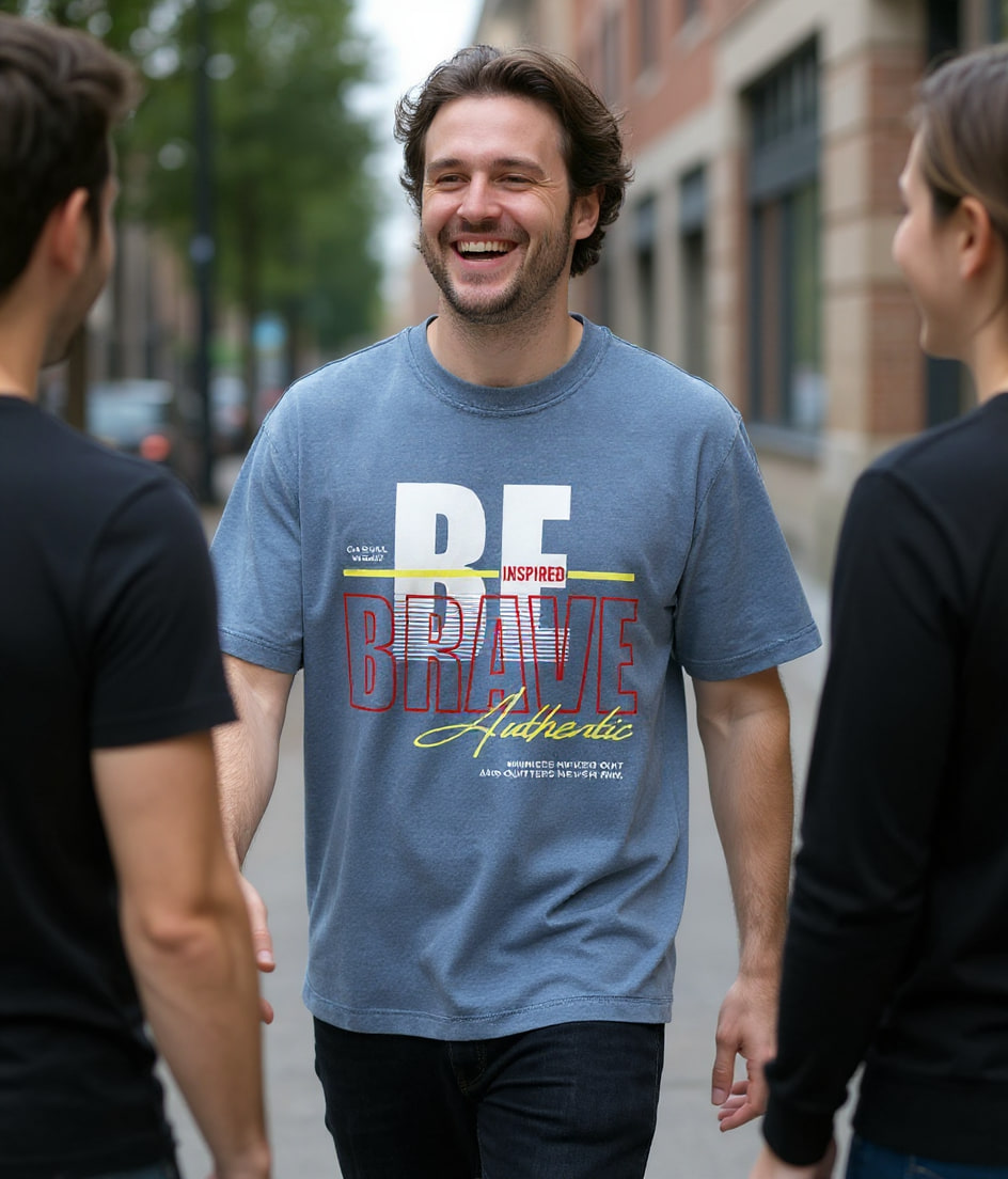 Two friends laugh mid-stride on a city sidewalk under an overcast sky, one wearing the printed motivational tee.